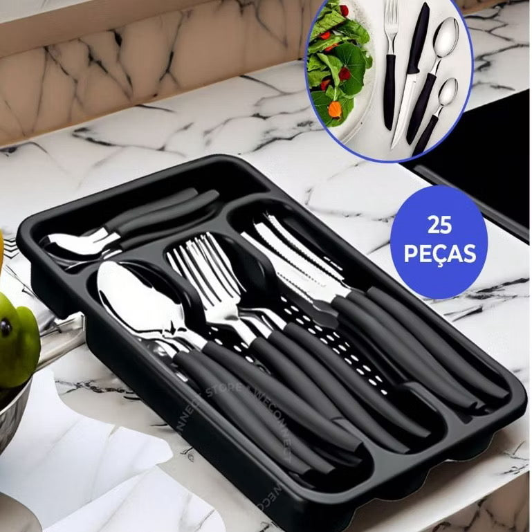 Jogo De Talheres 25 Peças Inox Conjunto Faqueiro Com Porta Garfos Colheres E Facas