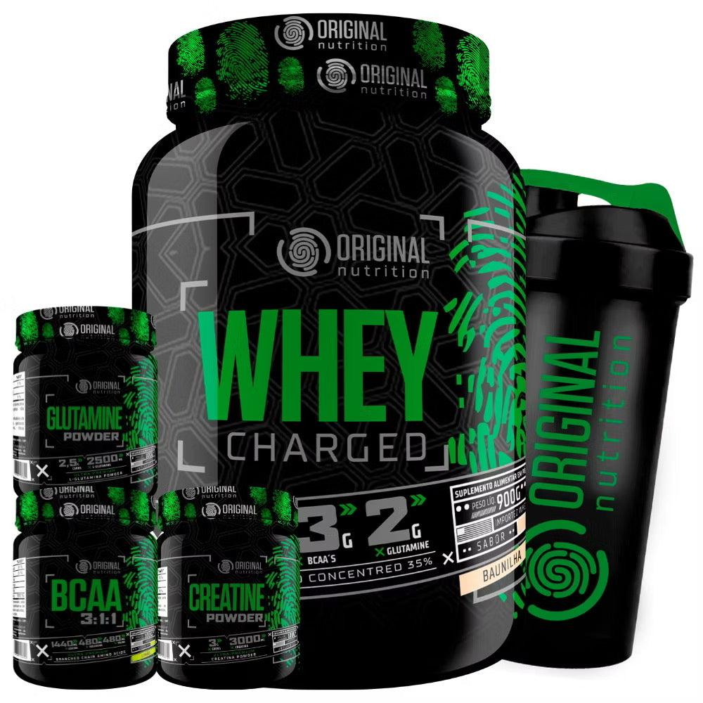 Kit Whey Charged ON + Bcaa + Glutamina + Creatina + Shaker
