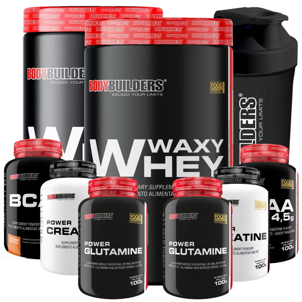 Kit 2x Waxy Whey 900g + Maize 800g + Power Creatina 100g + BCAA 100g + Coqueteleira - Bodybuilders