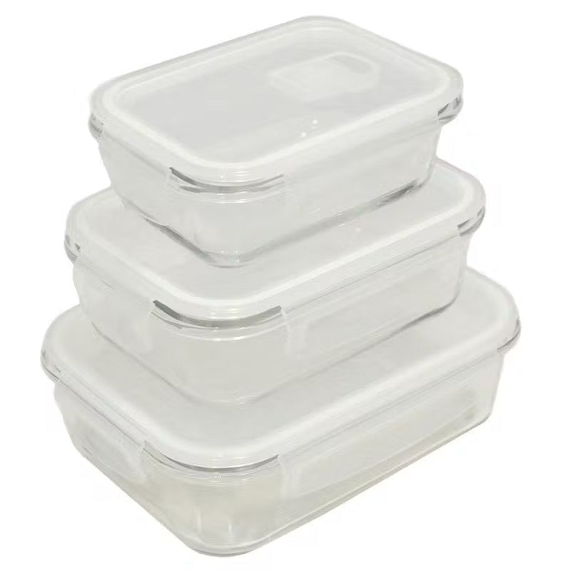Kit 3 Potes Herméticos de Vidro Retangular com 4 Travas 410ml, 700ml e 1,04L