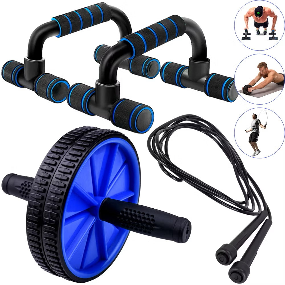 Kit Roda Abdominal Barra De Flexão Corda De Pular Exercício Treino
