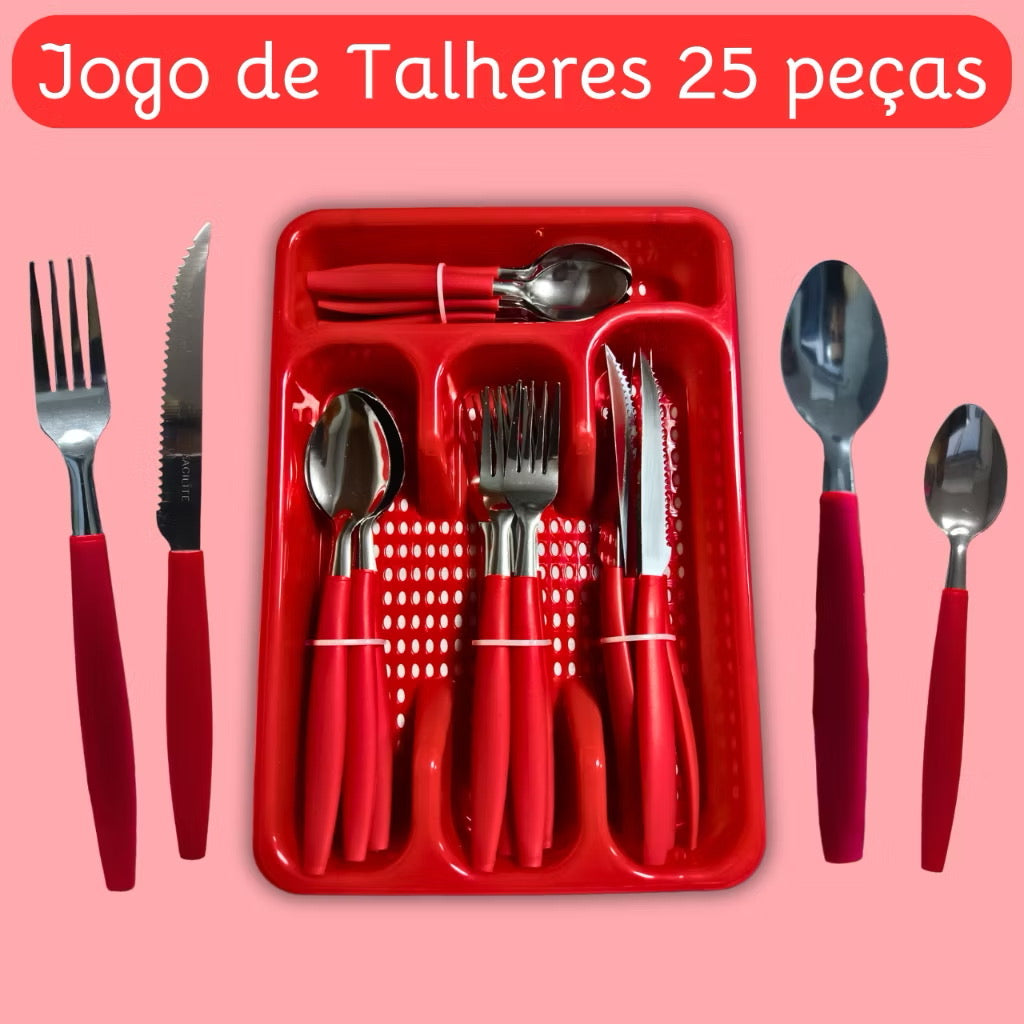 Jogo De Talheres 25 Peças Inox Conjunto Faqueiro Com Porta Garfos Colheres E Facas