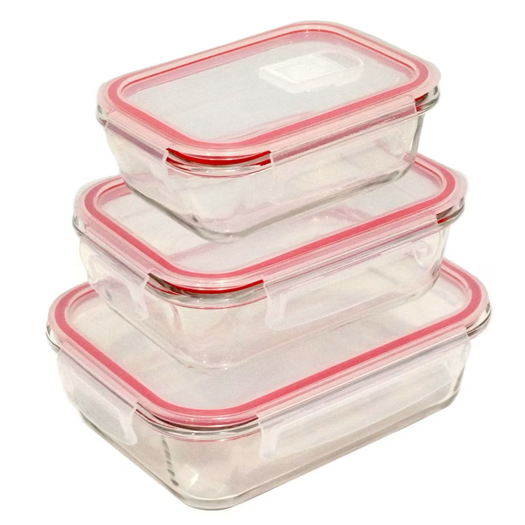 Kit 3 Potes Herméticos de Vidro Retangular com 4 Travas 410ml, 700ml e 1,04L