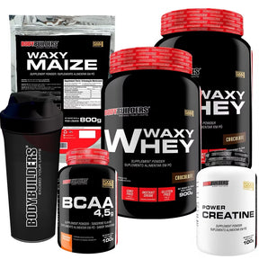 Kit 2x Waxy Whey 900g + Maize 800g + Power Creatina 100g + BCAA 100g + Coqueteleira - Bodybuilders