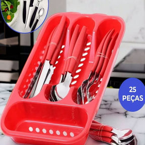 Jogo De Talheres 25 Peças Inox Conjunto Faqueiro Com Porta Garfos Colheres E Facas