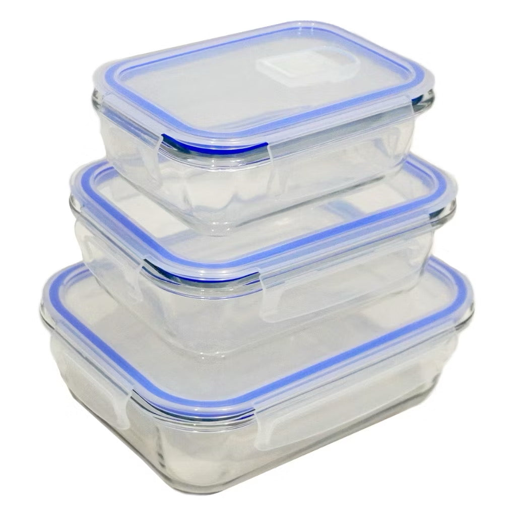 Kit 3 Potes Herméticos de Vidro Retangular com 4 Travas 410ml, 700ml e 1,04L