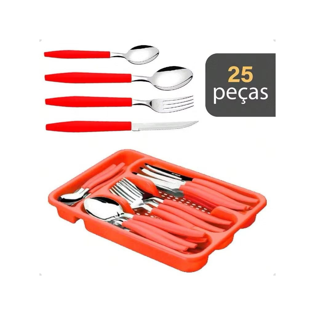 Jogo De Talheres 25 Peças Inox Conjunto Faqueiro Com Porta Garfos Colheres E Facas