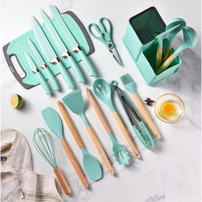Kit Completo Jogo de Cozinha Luxo 19 Peças Com Tábua em Silicone Espátula Faca Tesoura Utensílios