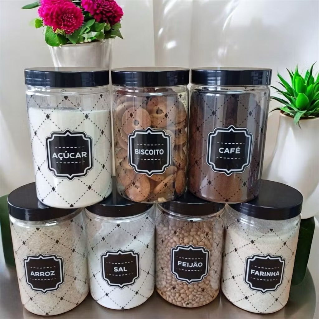KIT 7 (SETE) POTES DE MANTIMENTOS (LANÇAMENTO) 1.700ML- ARROZ, FEIJAO, FARINHA, BISCOITO, CAFE, AÇUCAR, SAL,