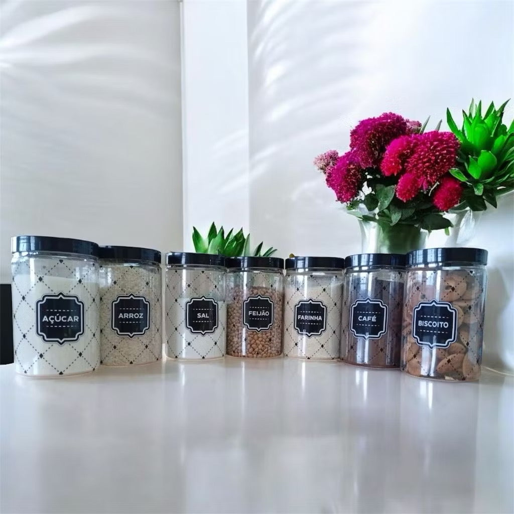 KIT 7 (SETE) POTES DE MANTIMENTOS (LANÇAMENTO) 1.700ML- ARROZ, FEIJAO, FARINHA, BISCOITO, CAFE, AÇUCAR, SAL,