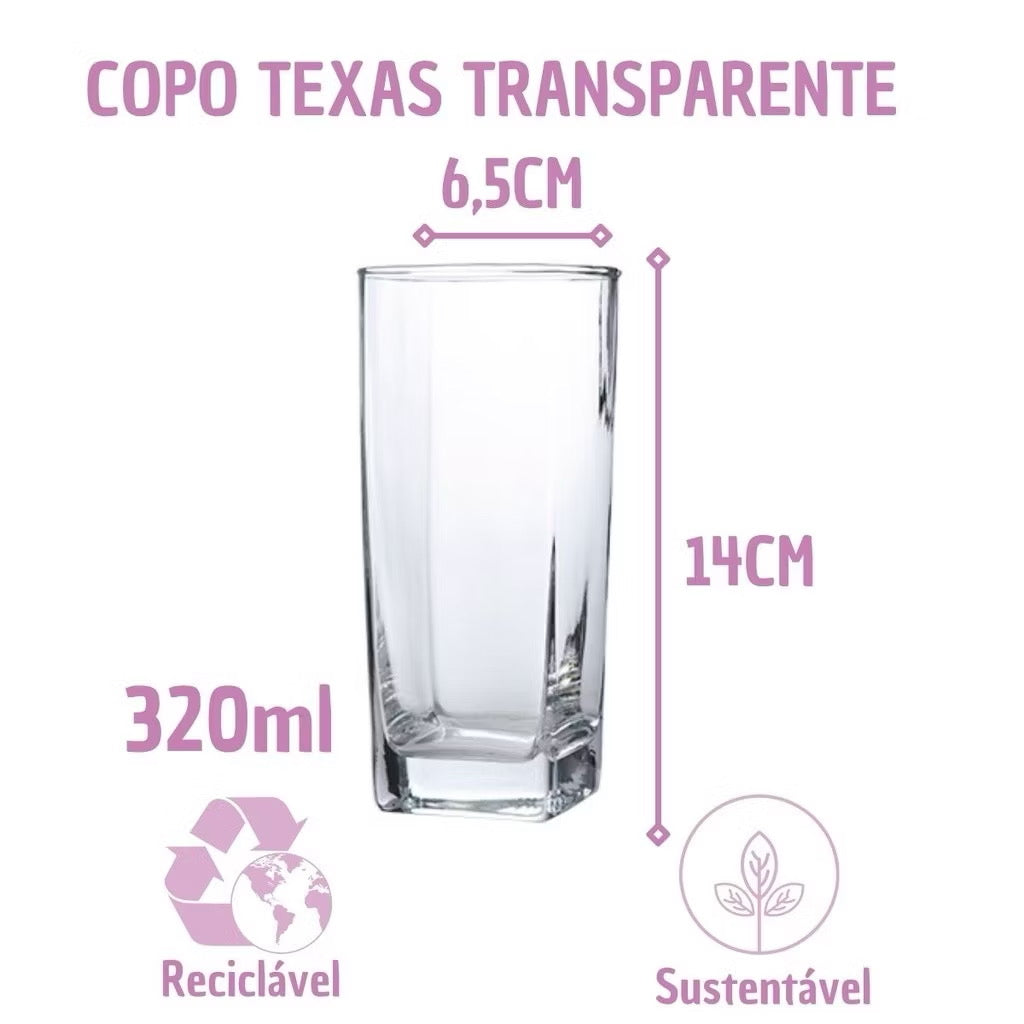 Copo de Vidro 320ml Transparente Texas Agua Suco 10Un