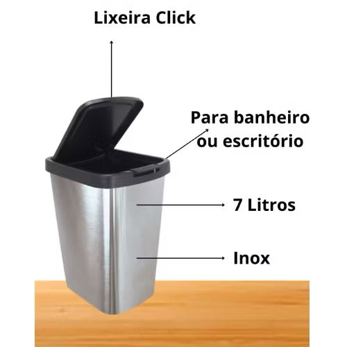 Kit até 2 Lixeira Cesto 09 Litros Inox Com Tampa Click Label  Lixeira Escritório Lixeira Banheiro