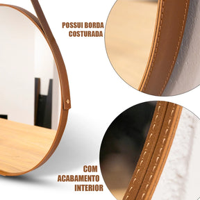 Espelho Adnet Couro Costurado Com Alça + Suporte 60cm 50cm Sala Quarto Banheiro Redondo
