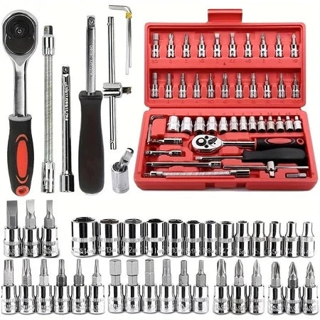 Kit De Ferramentas 46 Peças Jogo De Soquetes Chave Catraca Reversível Com Maleta Jogo Completo