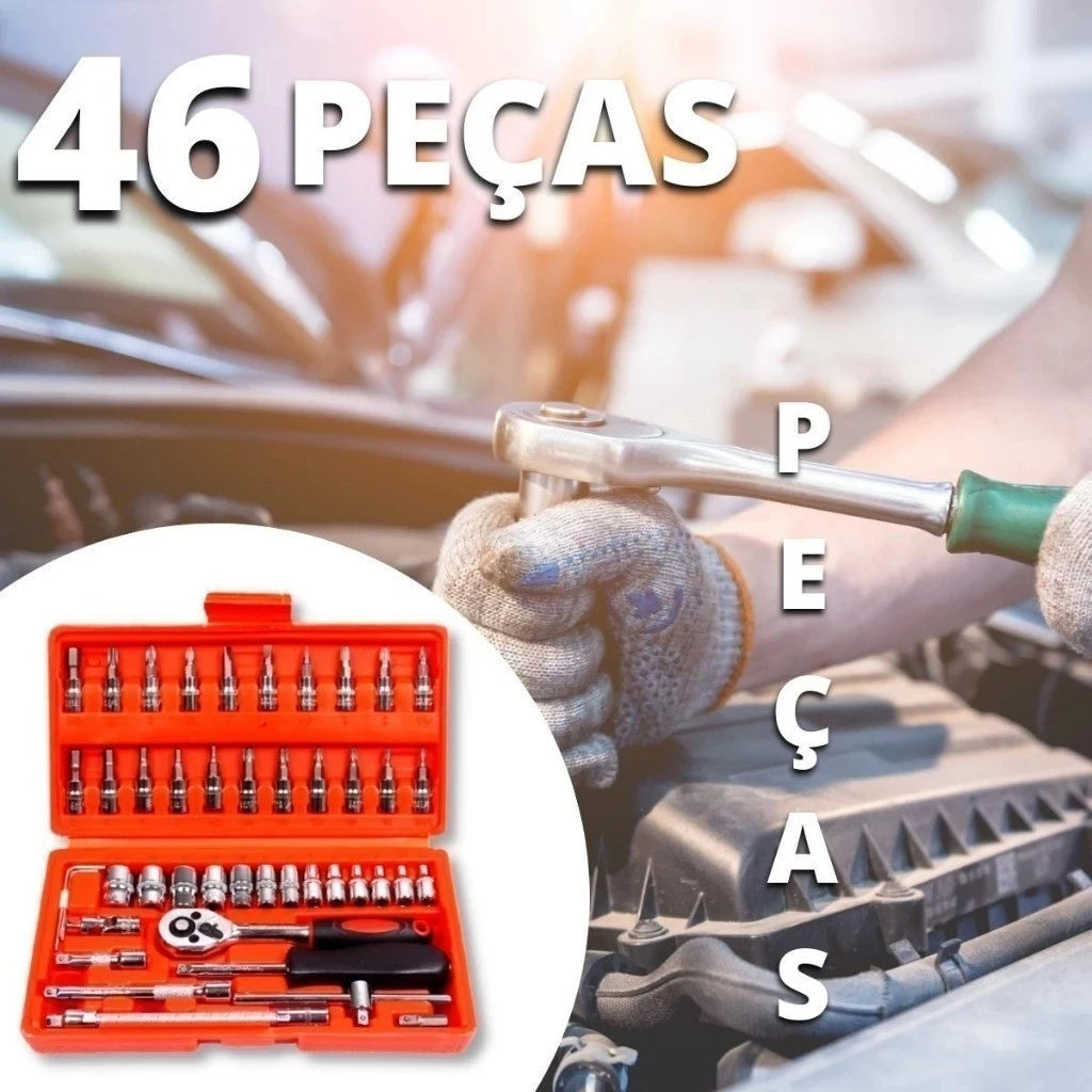 Kit De Ferramentas 46 Peças Jogo De Soquetes Chave Catraca Reversível Com Maleta Jogo Completo