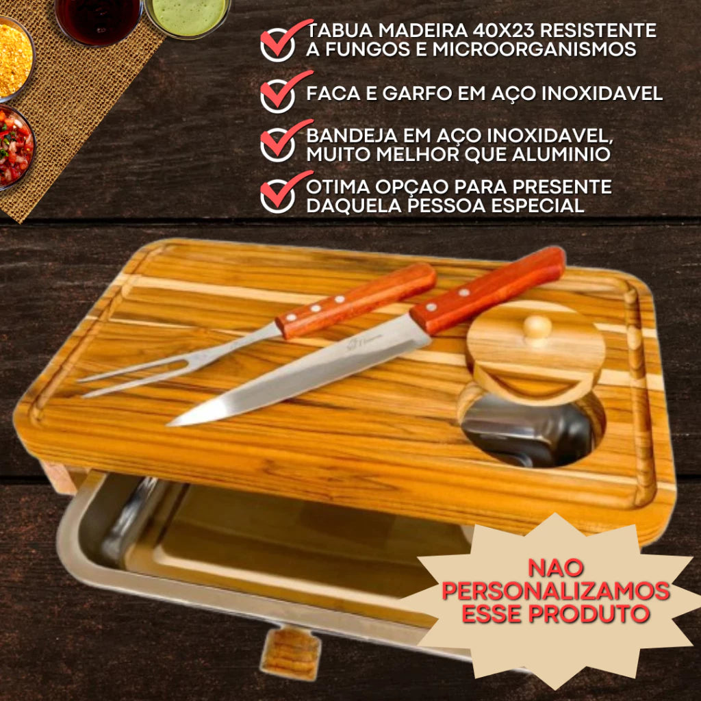 Kit Tábua Churrasco Corte Carne Gaveta Madeira Térmica Inteligente Com Faca E Garfo Em Aço inox