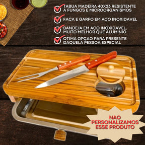 Kit Tábua Churrasco Corte Carne Gaveta Madeira Térmica Inteligente Com Faca E Garfo Em Aço inox