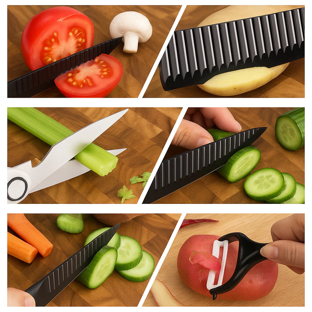Kit Completo De 6 Peças Com Facas Para Churrasco, Carne, Legumes, Descascador, Tesoura e mais