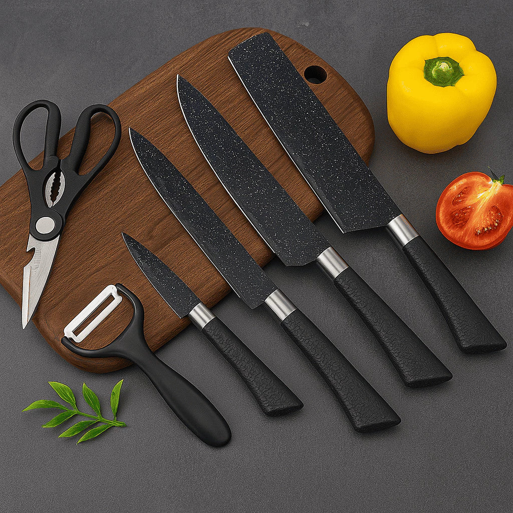 Kit Completo De 6 Peças Com Facas Para Churrasco, Carne, Legumes, Descascador, Tesoura e mais
