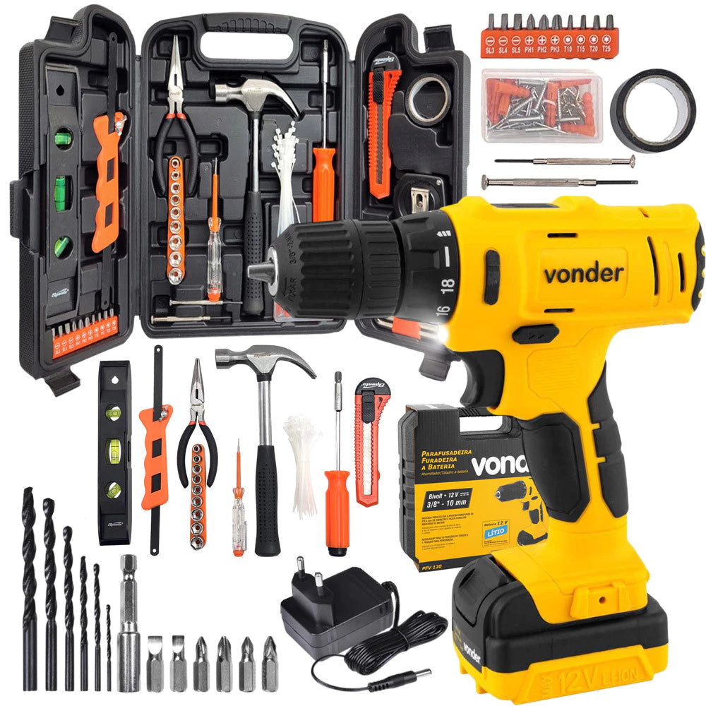 Kit Ferramentas Parafusadeira Furadeira Bivolt 127v 220v com Martelo Bits Trena Maleta