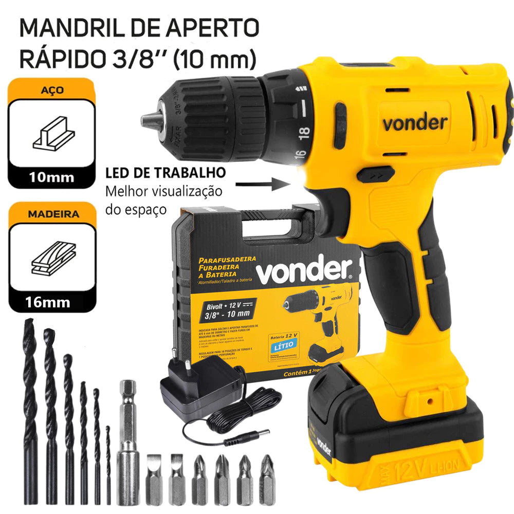 Kit Ferramentas Parafusadeira Furadeira Bivolt 127v 220v com Martelo Bits Trena Maleta